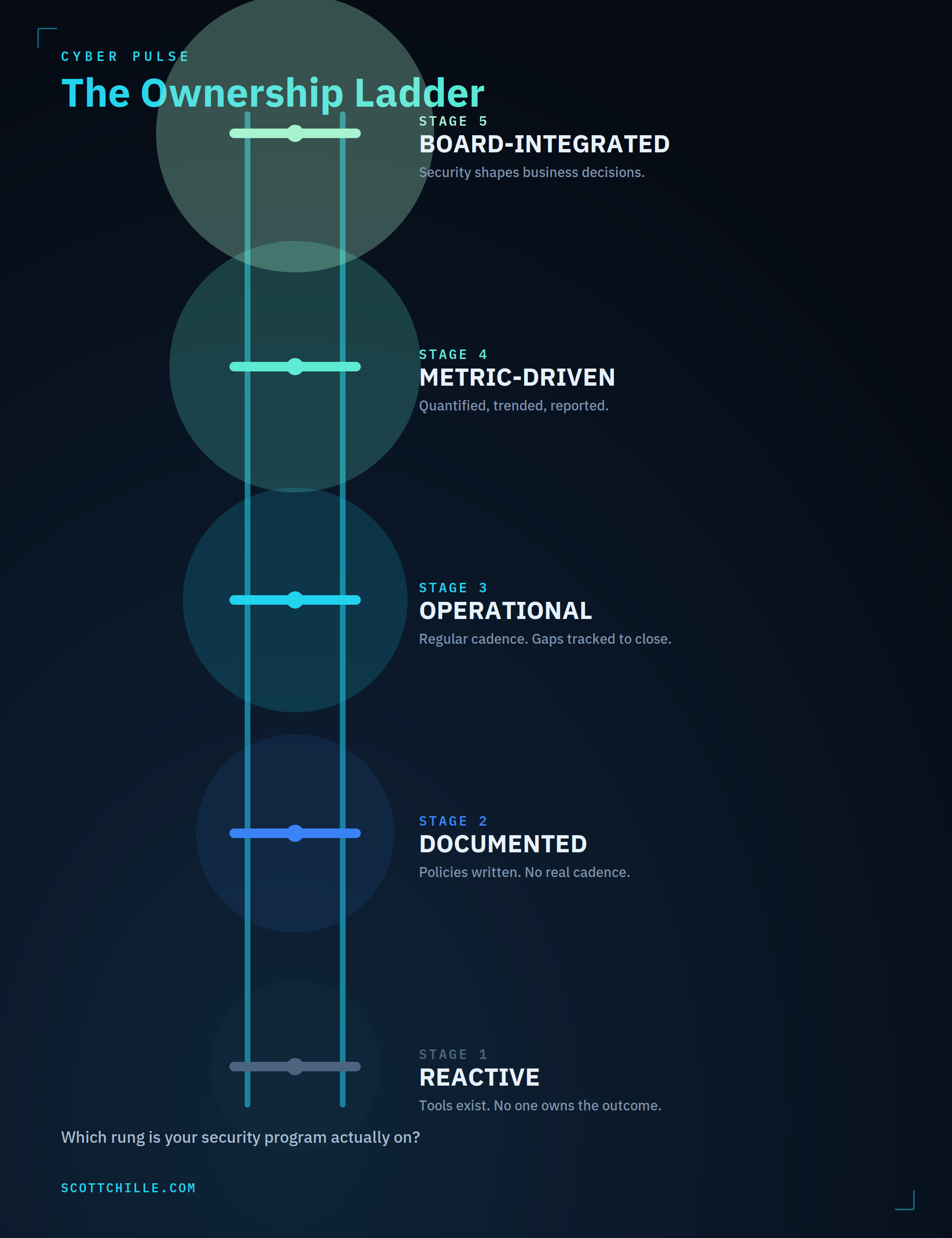 The Ownership Ladder, five stages from Reactive to Board-Integrated